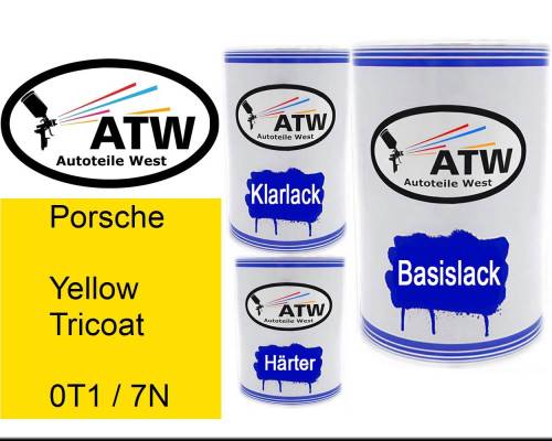 Porsche, Yellow Tricoat, 0T1 / 7N: 500ml Lackdose + 500ml Klarlack + 250ml Härter - Set, von ATW Autoteile West.